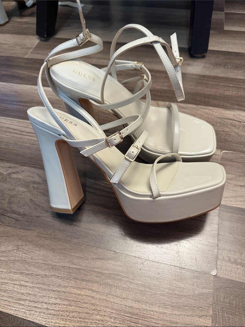 GUESS Cream White Strappy Platform Heels